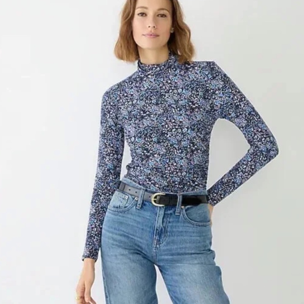 J Crew BM340 Ruched Matte Jersey Turtleneck Floral Print Floral Blouse. Size S